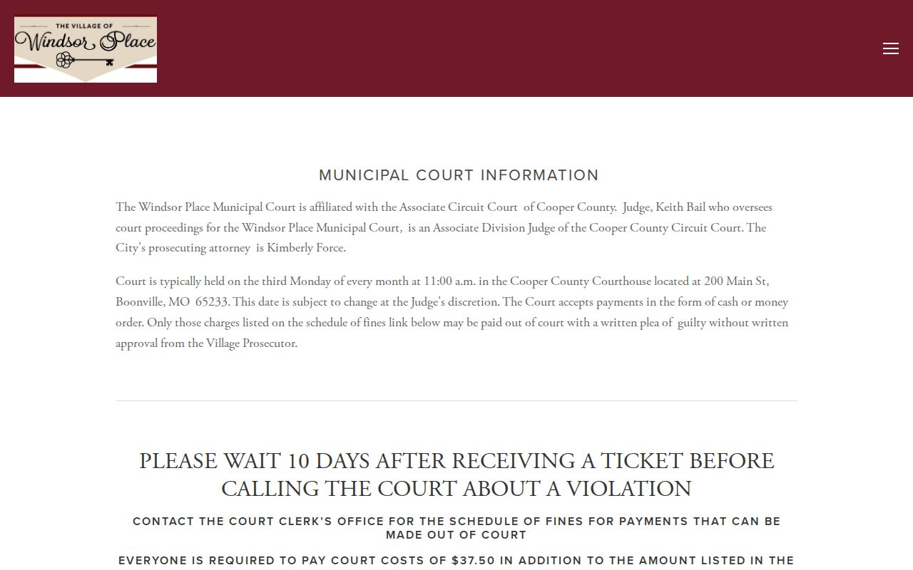 Windsor Place court record and municipal court instructions